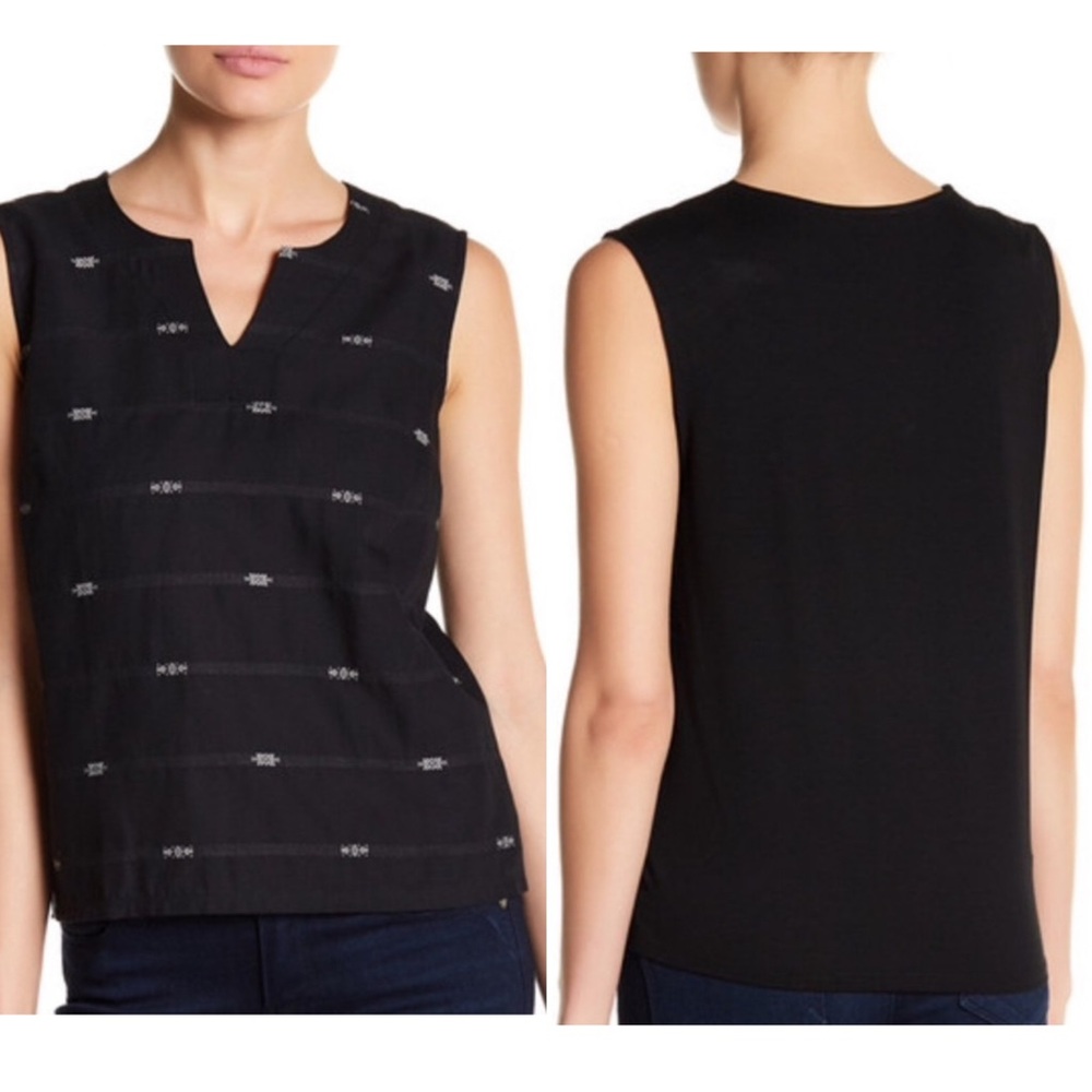Eileen Fisher Black Sleeveless Notch-Neck Embroidered Stripe Tank Top XL Relax